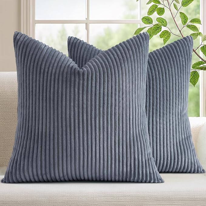 Mecatny Corduroy Decorative Throw Pillow Covers 26x26 Set of 2 Blue Grey | Soft Striped Texture, Hidden Zipper Design, Neutral Boho Square Pillow Cases for Sofa Couch Living Room Bedroom, Home Décor