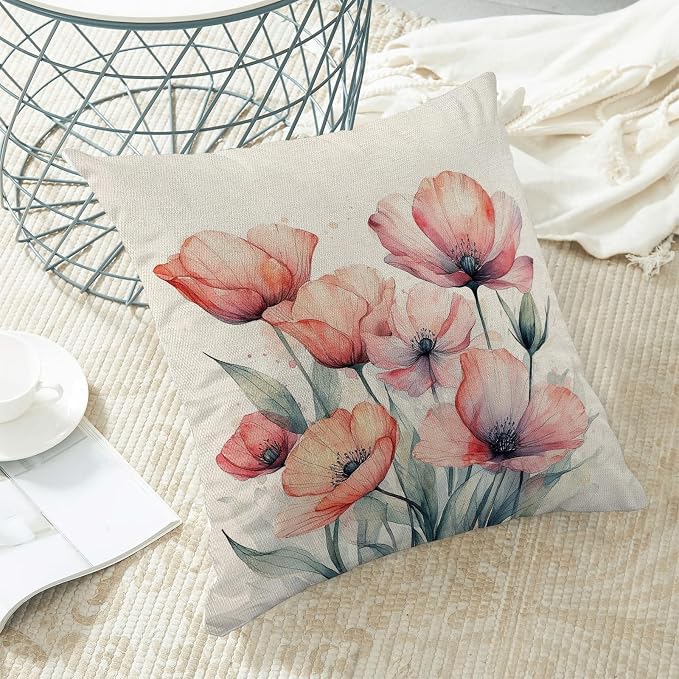 Spring Pillow Covers 18x18 Set of 2 Watercolor Orange Pink Floral Throw Pillow Cover Decoration Summer Seasonal Vintage Flower Farmhouse Decorative Cushion Cover for Home Sofa Outdoor Decor