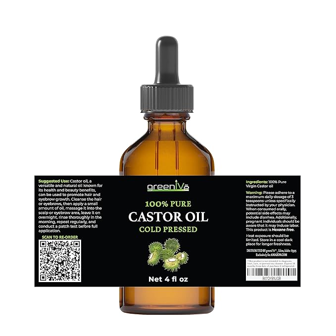 GreenIVe 100% Pure Castor Oil – Cold-Pressed, Hexane-Free – Hair, Eyebrows, Eyelashes, Skin Moisturizer, Castor Pack Wrap Oil Glass Bottle (4 Fl oz)