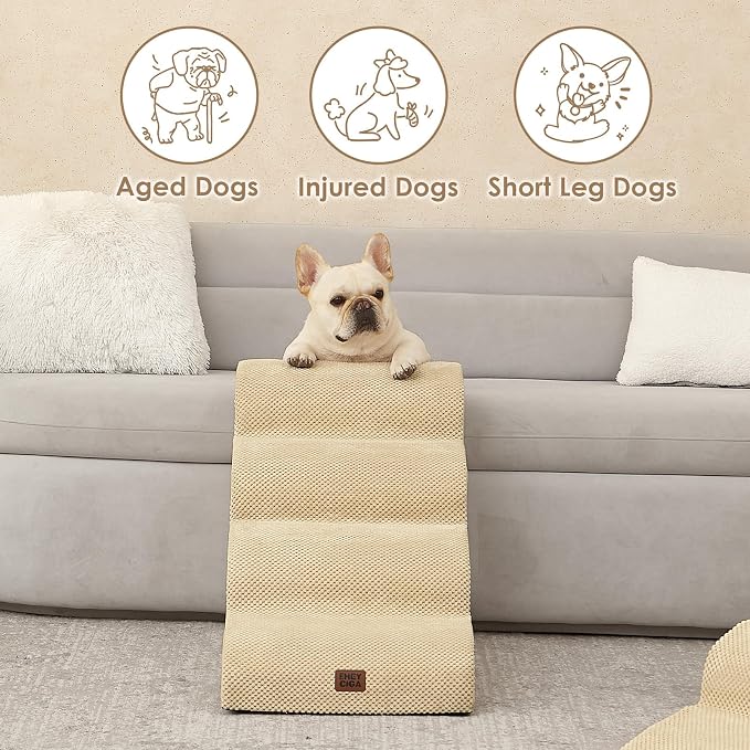 EHEYCIGA Curved Dog Stairs Ramp, 4-Step High Beds, 19.7" H Pet Step | 33D density of pure foam, for Small Dogs and Cats, Pet Stairs for High Bed Climbing, Non-Slip Balanced Indoor, Graige