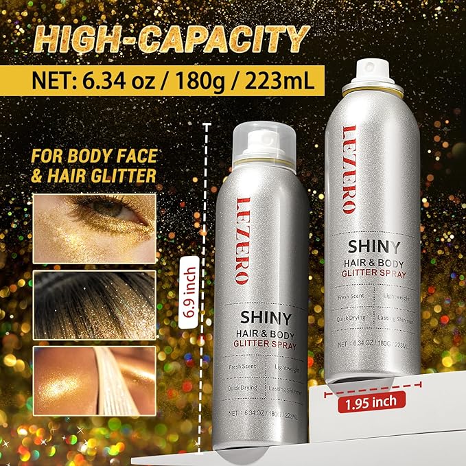 Hair and Body Glitter Spray for Women Kids, 6.34OZ Large Capacity Original Temporary Shimmery Glitter Spray for Festival Rave Outfits Accessories, Singer Concert, Wedding Season, Dazzle Gold