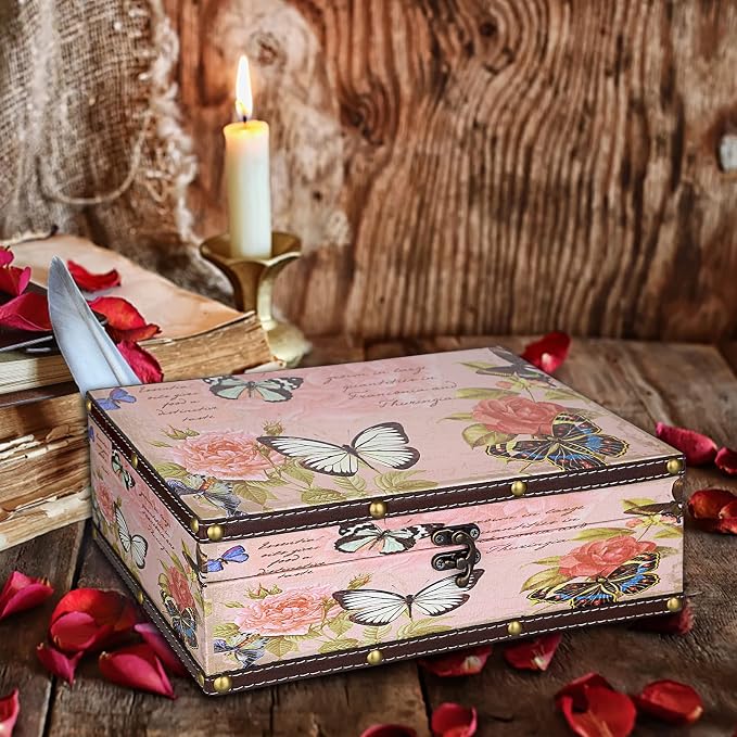 ELLDOO Butterfly Treasure Chest Box, Vintage Wooden Decorative Box | Treasure Storage for Jewelry Trinkets Photos, Rectangular Keepsakes box for Girls Women Gifts