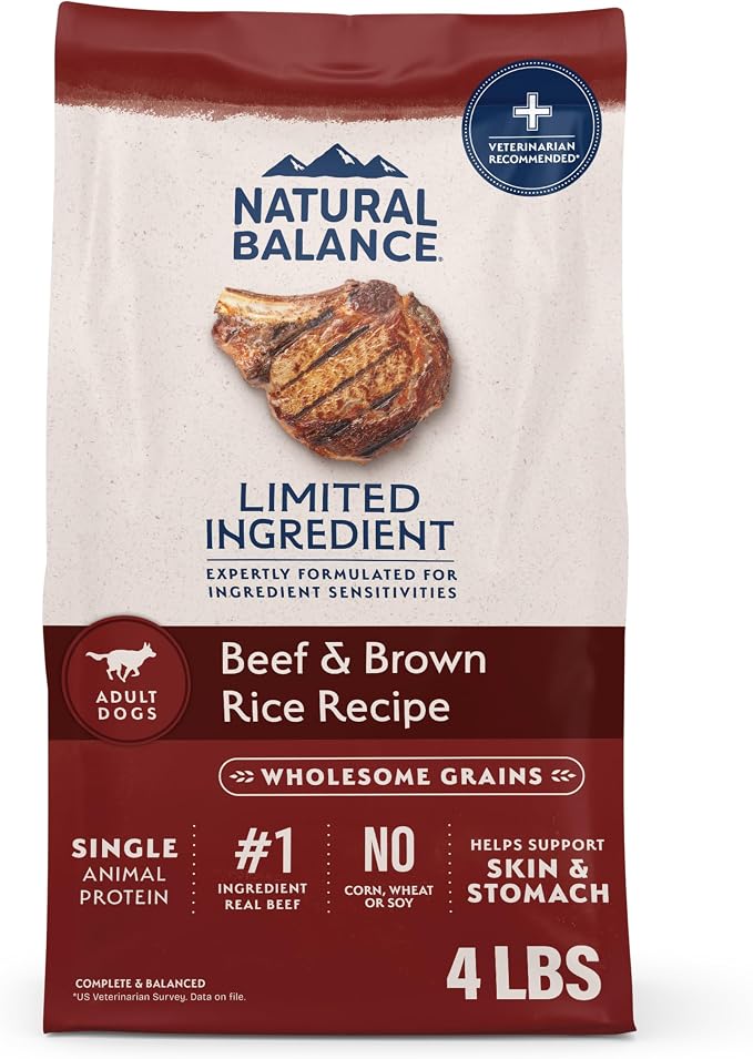 Natural Balance Limited Ingredient Dry Dog Food - Complete Nutrition for Adult Dogs - Wholesome Grains Brown Rice Recipe - Limited Ingredient Formula - 4 lb - Beef & Brown Rice