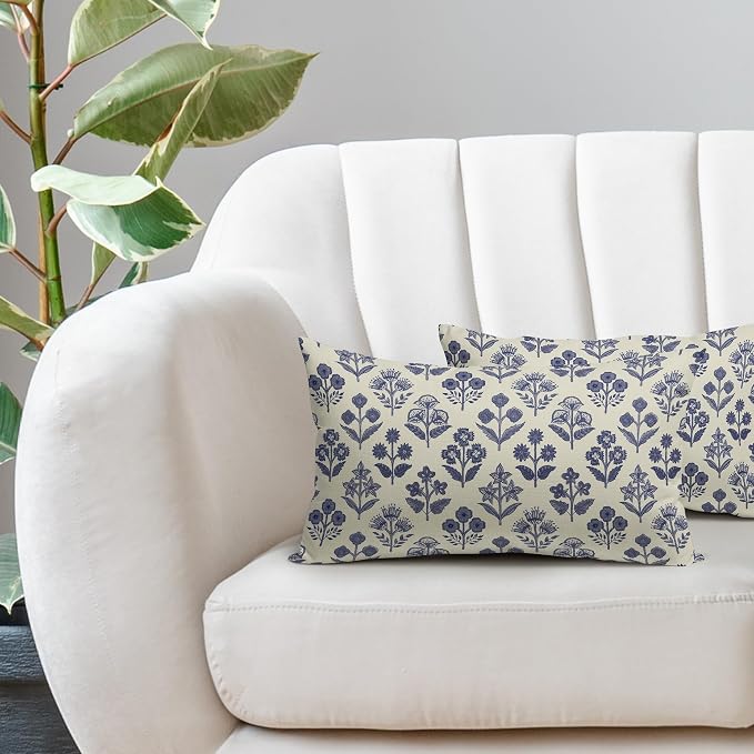 Navy Blue Floral Pillow Covers 12x20 Inch Set of 2, Block Print Lumbar Flower Cream Decorative Throw Pillowcases Outdoor Farmhouse Rectangle Cushion Covers Spring Summer Sofa Couch Bed Decor