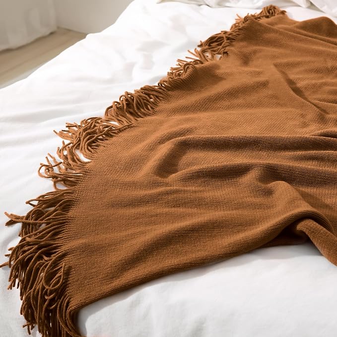 Homiest Camel Brown Knitted Throw Blanket with Fringe, 50x60 Inch | Pure Acrylic, Lightweight & Breathable, All-Season Use, Machine Washable, Wrinkle & Fade Resistant, for Couch Sofa And Bed