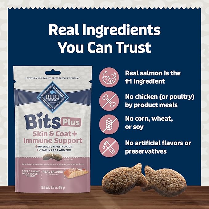 Blue Buffalo Bits Plus Salmon Dog Treats, 3.5 oz | Skin & Coat Health, Omega 3 & 6 Fatty Acids, Vitamin A, E & Zinc for Immune Support