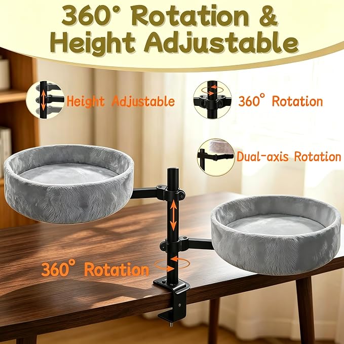 Cat Desk Bed,360° Rotating & Height Adjustable Desk Cat Bed,Space Saving Modern Indoor Cats Nest Furniture Cozy Faux Fur Pet Nest Perch Hammock for Various Desktops,15.7" L*15.7" W*16.9" H,Grey