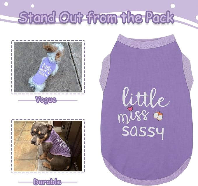 Dog Clothes Fashionable Sleeveless Pet Vest: 'Little Miss Sassy' Printed Cotton Dog Shirt, Ideal for Small, Medium, and Large Breeds, Ensuring Comfort and Breathability Purple M