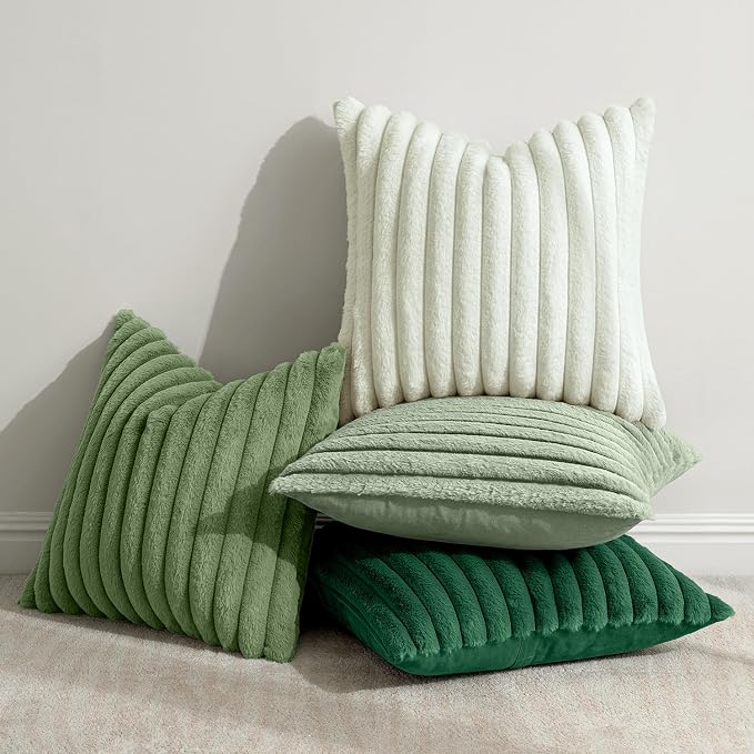MIULEE Faux Fur Plush Decorative Throw Pillow Covers 20x20, Green | Set of 4, Striped, Soft Modern Cozy Home Decor, Cushion Cases for Sofa Couch Bed Living Room