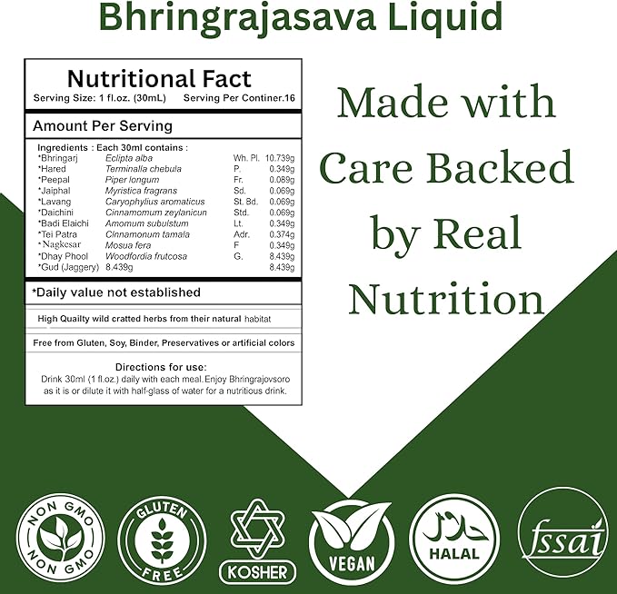 BASIC AYURVEDA Bhringrajasava Drink | 16.23 Fl Oz (480ml) | Natural Bhringraj Ayurvedic Hair Tonic | Supports Hair Growth, Scalp Health & Immune System | No Added Sugar