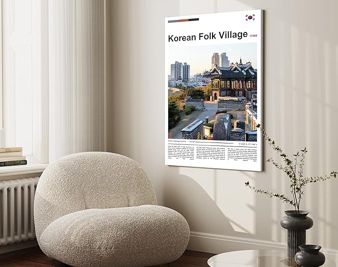 Poster Korean Folk Village Wall Art Original Design(36"x24" Metal Frame) Joseon Dynasty Architecture Print South Korea Travel Landmark Gyeonggi Cultural Heritage Ancient Palace Zen Scenery Picture