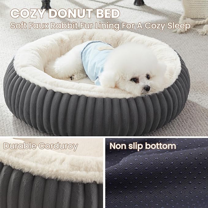 23 inches Calming Donut Dog Bed for Small Dogs,Charcoal | Round Puppy Pet Bed with Removable&Washable Cover,Milk Plush Faux Fur, Fits Pets up to 15 lbs