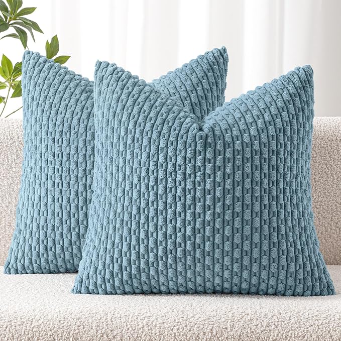 MIULEE Decorative Throw Pillow Covers 18x18 Blue Grey Textured Corduroy | Pack of 2 Striped Pillow Covers Modern Farmhouse Coastal Home Decor for Couch Bed Sofa Living Room
