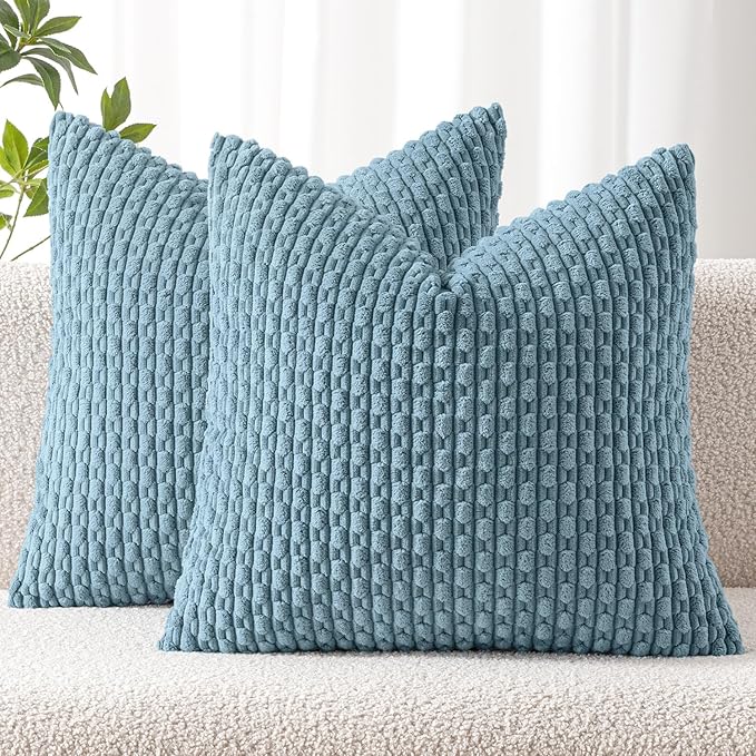 MIULEE Decorative Throw Pillow Covers 16x16 Blue Grey Textured Corduroy | Pack of 2 Striped Pillow Covers Modern Farmhouse Coastal Home Decor for Couch Bed Sofa Living Room