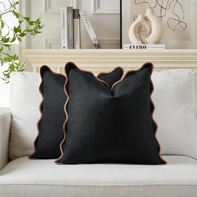 Scalloped Pillow Covers Set of 2 for Living Room | Decorative Sofa Couch Pillows | Boho Sytle Decorative Home | Aesthetic Funky Preppy Pillow Cases (Black & Brown, 26x26 Inch)