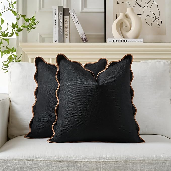 Scalloped Pillow Covers Set of 2 for Living Room | Decorative Sofa Couch Pillows | Boho Sytle Decorative Home | Aesthetic Funky Preppy Pillow Cases (Black & Brown, 20x20 Inch)