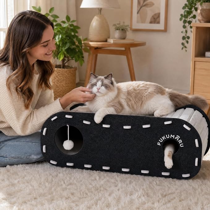 FUKUMARU Cat Bed Cave Tunnel, 31.5 Inch, Cat House Condo Indoor, Black | Extra Long Design, For Multiple & Large Cats, Felt Material, Fluffy Ball Included, Scratch Resistant