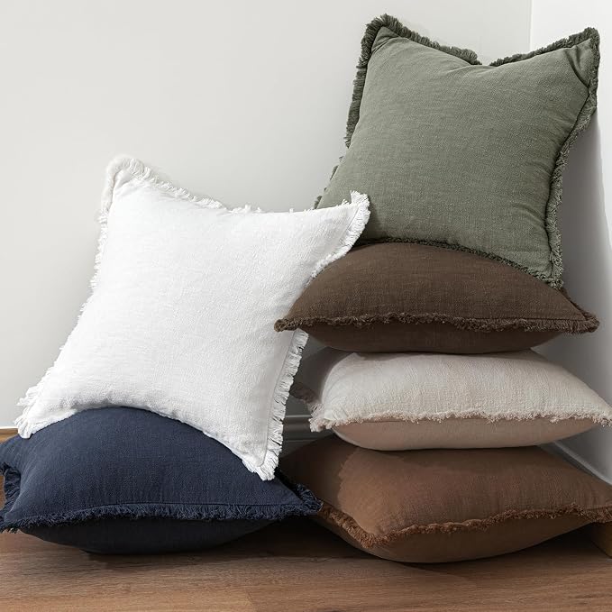 MIULEE Linen Fringe Decorative Fall Pillow Covers Chocolate Brown 18x18 | Set of 2, Cottagecore Decor, Boho Farmhouse Neutral Pillow Covers, Rustic Fall Couch Cushion Cases for Sofa Bed Living Room