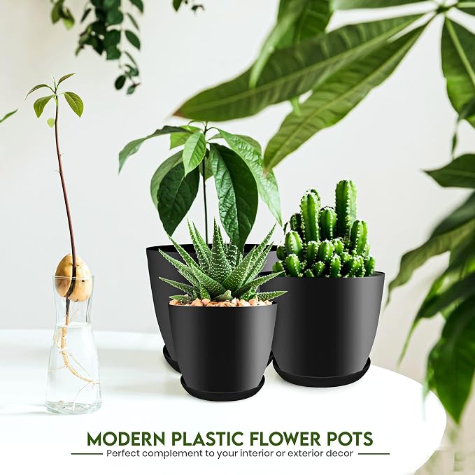 Plant Pots Indoor with Drainage, 5 Pack Multi-Size Planters Set, Black | Drainage holes included Multiple sizes 7/6.6/6/5.3/4.8 In Indoor plants and flowers Durable plastic construction