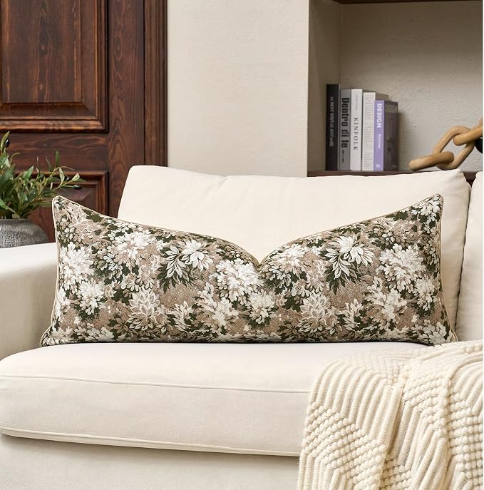 Neutral Floral Pillow Cover 14 x 36 Inches, Vintage Chenille Accent Throw Pillow Cover Soft Decorative Farmhouse Accent Couch Pillow Cover for Living Room Bedroom, Green