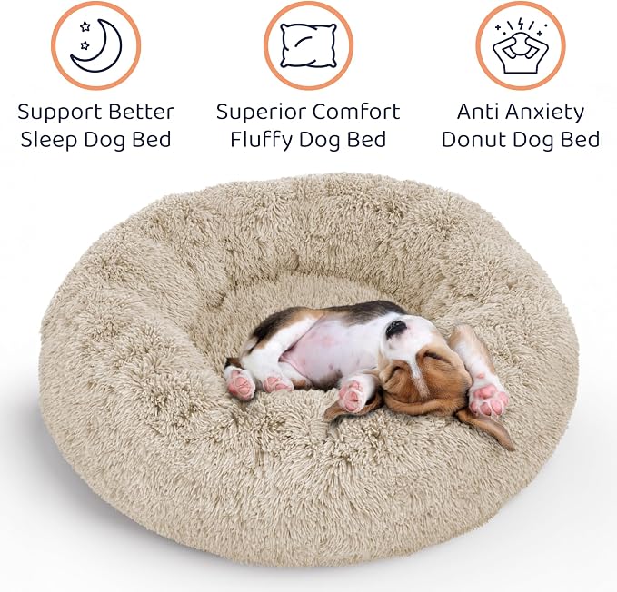 Donut Dog Bed - Premium Comfort for Anxiety Relief - Fluffy & Calming Design with Ultra-Plush Support | Cozy Round Dog Bed with Super Soft Circle Style (Ivory Beige, Small)