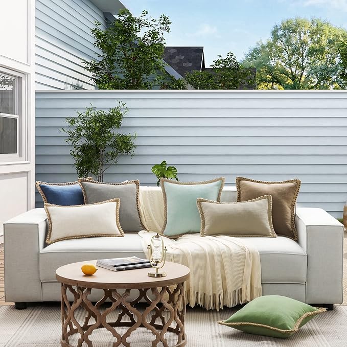 Phantoscope Pack of 2 Farmhouse Decorative Throw Pillow Covers Burlap Linen Trimmed Tailored Edges Light Turquoise 20 x 20 inches, 50 x 50 cm