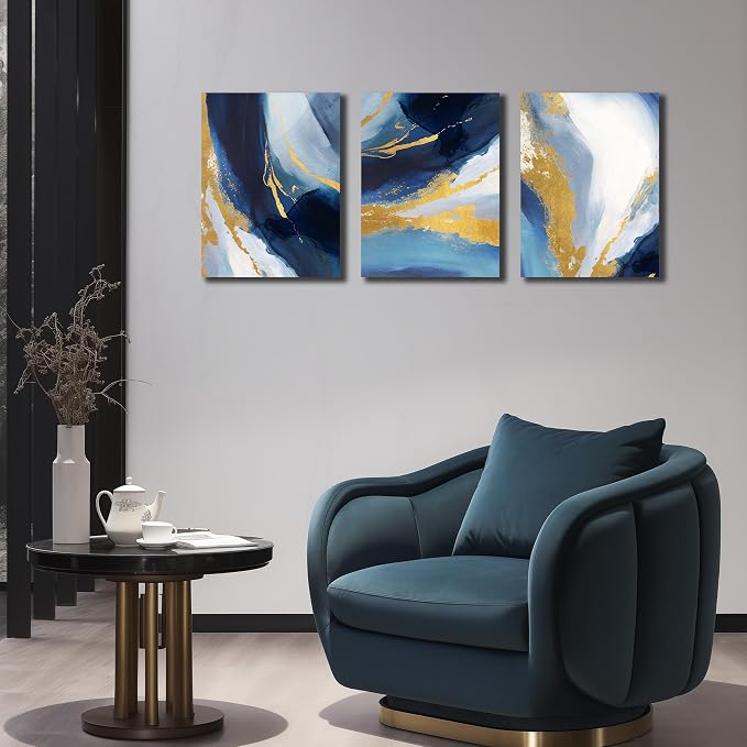 DNIEOTU Abstract Wall Art for Living Room, Blue White and Gold Canvas Wall-Decor for Bedroom, Picture Prints, Size 12 x 16 Inches 3-Pieces