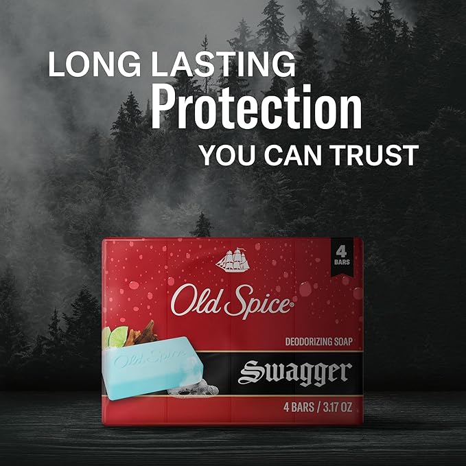 Old Spice Bar Soap for Men, Refreshing Clean to Wash Away Dirt & Odor, Cleansing Formula, Long-Lasting & Confidence-Boosting Fragrance, Swagger with Lime + Cedarwood Scent, 3.17 oz (Pack of 4)