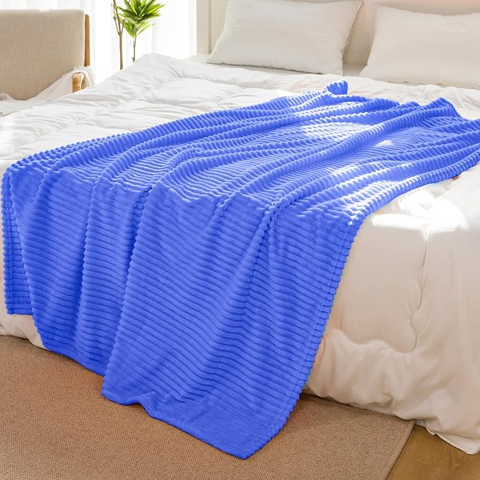 Vessia Flannel Fleece Throw Blanket for Couch,Sofa,Bed, 300GSM Striped Blue Blanket for Adults and Kids, Super Soft Warm Cozy Lightweight Ribbed Throw for All-Season