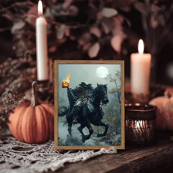 Vintage Framed Halloween Wall Art, Gothic Headless Horseman Pumpkin Picture Poster, Spooky Fall Forest Canvas Prints, Dark Academia Halloween Wall Decor for Living Room Bedroom 8x10 inch