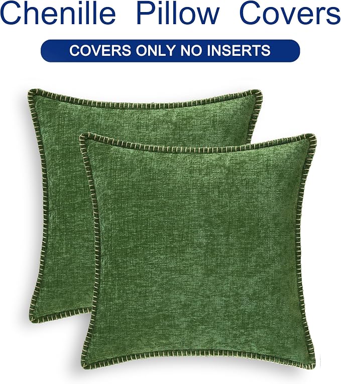 CaliTime Decorative Couch Throw Pillow Covers 24 X 24 Inches Forest Green | Pack of 2, Cozy Chenille Cushion Cases, Cotton Thread Stitching Edges, for Sofa Bed Living Room Farmhouse