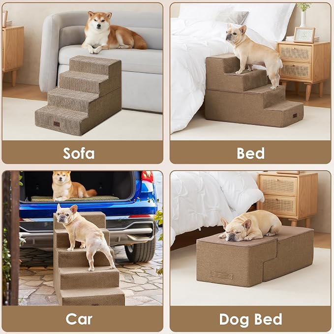 EHEYCIGA Dog Stairs for Bed 20" H, 4-Step Extra Wide Dog Steps, Camel | Pet Steps for Small Dogs and Cats for High Bed, Non-Slip Balanced Pet Ramp Indoor