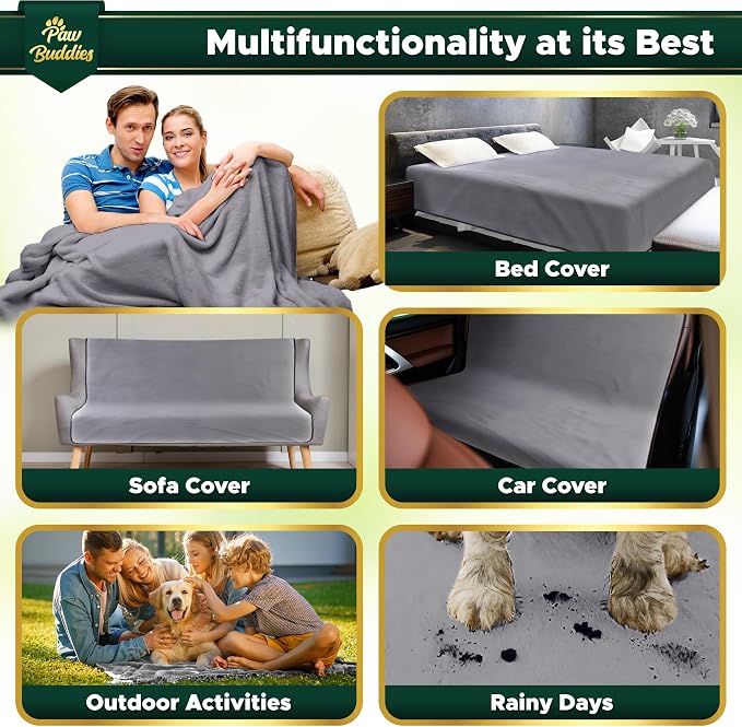 Paw Buddies Waterproof Blanket King Size 80"x90" for Dogs, Pets, Bed & Couch, Reversible Velvet-Feel Throw, Leakproof Machine Washable Furniture Protector + Bonus Small Blanket