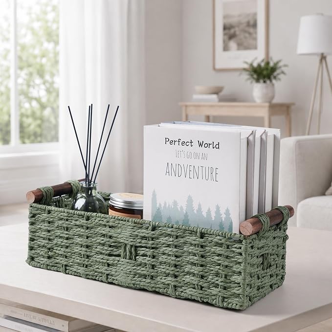 Round Paper Rope Storage Basket Wicker Baskets for Organizing with Handle Decorative Storage Bins for Countertop Toilet Paper Basket for Toilet Tank Top Small Baskets , Green | with Handle for Bedroom Home Decor and Shelves Apartment Countertop Use,Green