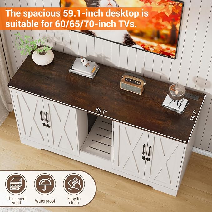 59.1" Cat Litter Box Enclosure for 2 Cats, Hidden Litter Box Furniture with Power Outlet & Removable Hallway, Lockable Door & Anti-Tip Design, Farmhouse Litter Box Cabinet with Magnetic Door, White