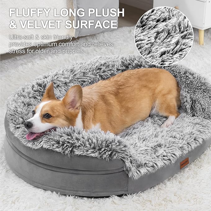 3.7 inch Thickened Orthopedic Dog Beds for Medium Dogs, Supportive Dog Sofa Bed with 28D Egg-Crate Foam, Removable Washable Plush Cover, Waterproof Lining, Half-Round Design for Puppy,Senior Dog