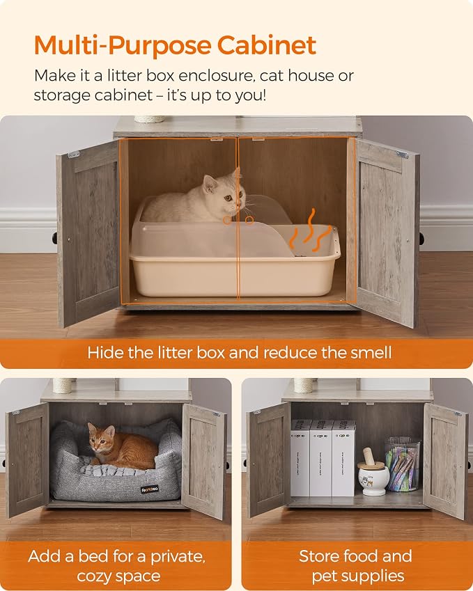 Feandrea Cat Tree with Litter Box Enclosure, 59-Inch Modern Cat Tower | 2-In-1 Condo with Scratching Posts, Washable Removable Cushion, Greige UPCT113G01