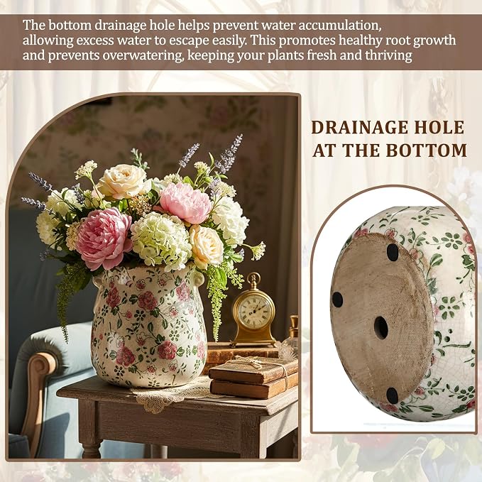 Ceramic Scroll Planter 6.5 Inch Chinoiserie Floral Vase with Drainage Holes Vintage Flower Vase Flower Pot Rustic Ceramic Pots for Indoor Plants Garden Home Bookshelf Decor (Red Plum)