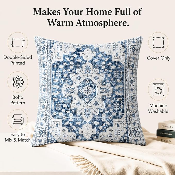 Boho Throw Pillow Covers 18x18 inch Set of 2,Soft Pillowcases Bohemia Carpet Printing Pattern Decorative Sofa Living Room Bed Square Pillow Case Cushion Cover-Blue White