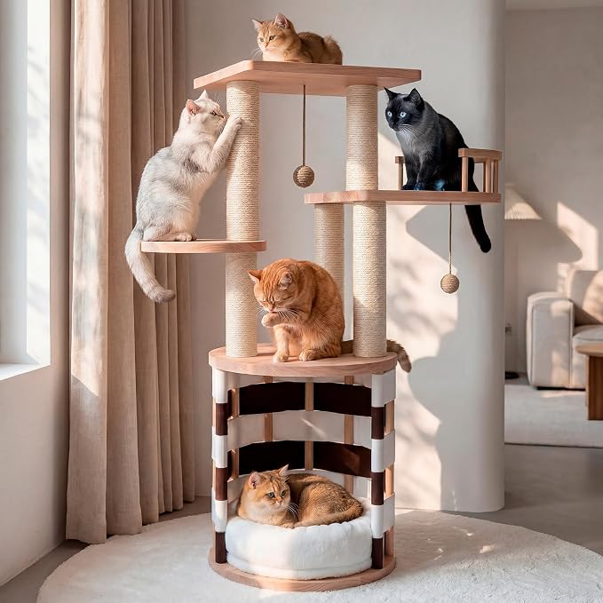 DWVO 40 Inch Pine Wood Cat Tree | Multi‑Level Cat Tower with Cat House, Observation Perches, Plush Bed, Sisal Scratching Posts & Interactive Balls