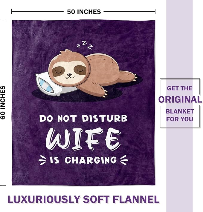 Leebbsin Funny Gifts for Wife, Anniversary Wedding Gifts for Wife | Wife is Charging Sloth Blanket 60" x 50", Purple, Christmas Mothers Day Birthday Gift for Wifey from Husband
