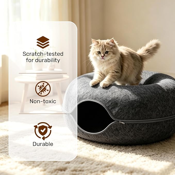 Cat Caves for Indoor Cats, Large Cat Tunnel for Multiple & Large Cats, Scratch Detachable Cave Bed, Kitten Donut Kitty Hideaway Up to 45 Lbs (Dark Grey +Light Grey, Jumbo, 2 Pack)