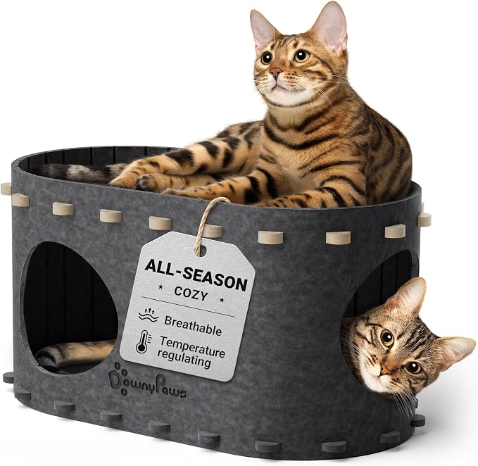 DownyPaws Cat House for Indoor Cats, Cube Castle Cat Bed Cave, Sesame Gray | Cat Hideaway Enclosed Bed,Cave Hideout Fort,Kitten Peekaboo Hut for Cats,Hide Box Bed for Large Cat Up to 22 Lbs