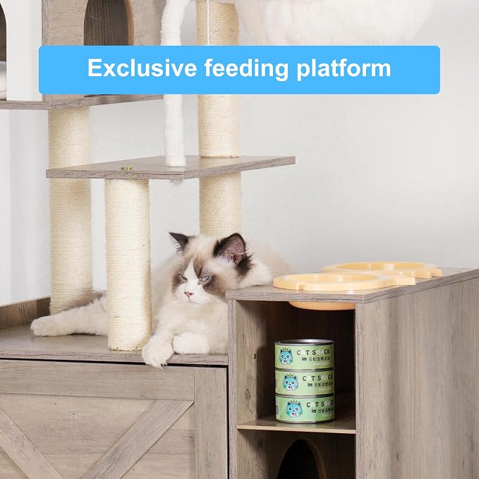 Hey-brother Cat Tree Tower, Wooden Litter Box Enclosure and Condo, MPJ115SG | 61.02 Inches Modern Cat Furniture with Large Platform, Scratching Posts, 2 Hammocks, All-in-one for Indoor Cats, Rustic Gray