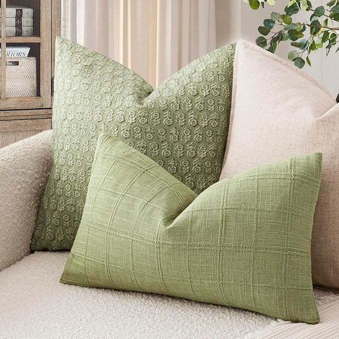 Foindtower Set of 2 Decorative Linen Check Throw Pillow Covers Neutral Farmhouse Lumbar Cushion Covers Modern Boho Accent Home Decor for Sofa Chair Couch Bedroom Living Room,12×20 Inch,Light Green