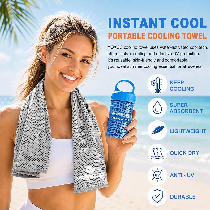 YQXCC 2 Pack Cooling Towels (47"x12"), Ice Cool Neck Towel, Soft Breathable Microfiber for Yoga, Golf, Gym, Running, Camping & Hot Weather