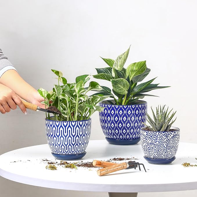 Selamica Ceramic Plant Pots, 4.6+5.6+6.5 Inch Planters with Drainage Holes & Saucer, Flower Pots for Indoor Plants, Home Decor, Set of 3, Vintage Blue