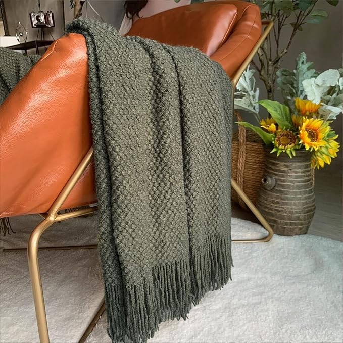 LOMAO Knitted Throw Blanket with Tassels Bubble Textured Lightweight Throws for Couch Cover Home Decor (Dark Olive, 60x90)