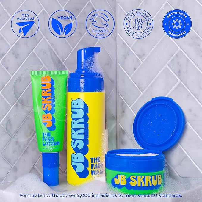 JB SKRUB Boys Acne Skincare Kit for Teens‚ Complete 4-Step Routine: Face Wash, Lotion, Cleansing Pads & Pimple Patches‚ Starter Set