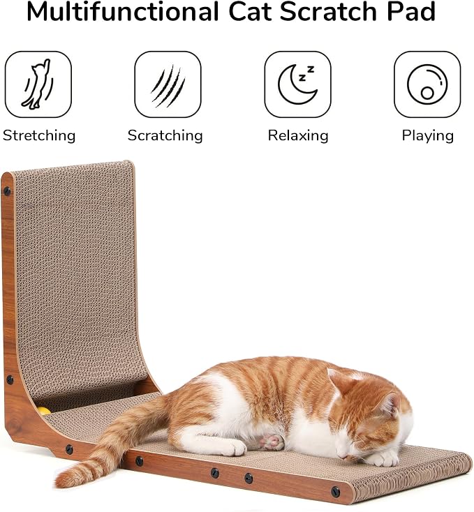 FUKUMARU Cat Scratcher for Indoor Cats, 26.8 Inch Cat Scratch Pad L Shaped | Cardboard Cat Scratcher, Vertical Cat Scratching Board with Ball Toy, Walnut Color, 1 Pack